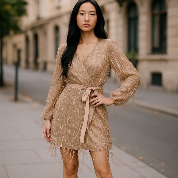 NEW En Creme Mini Robe WRAP DRESS & BELT Silver Sequin Fringe Women's MED Nude - Picture 3 of 13